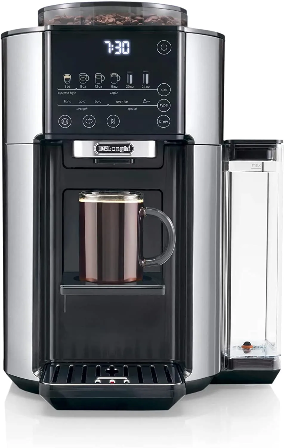 De'Longhi TrueBrew Drip Coffee Maker, Built in Grinder, Single Serve, 8 oz to 24 oz with 40 oz Carafe, Hot or Iced Coffee, Stainless,CAM51035M