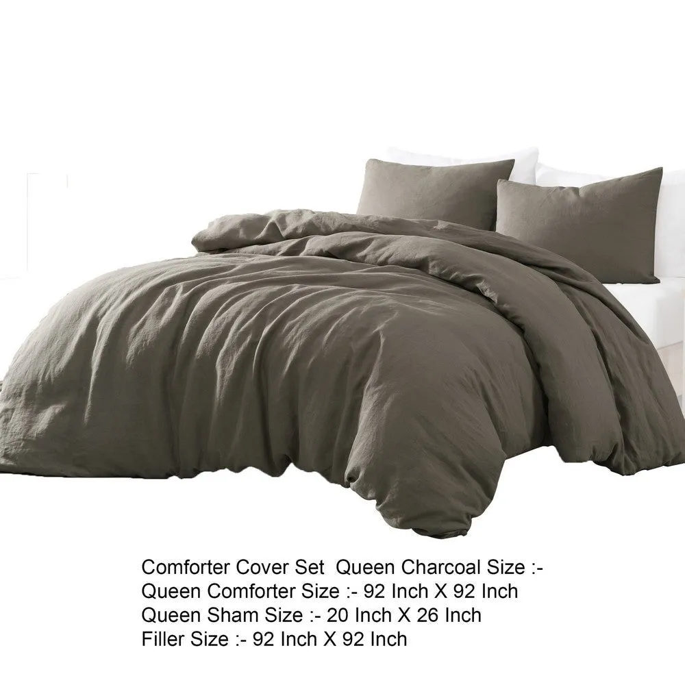 Edge 4 Piece Queen Size Duvet Comforter Set, Washed Linen, Charcoal Gray By Casagear Home