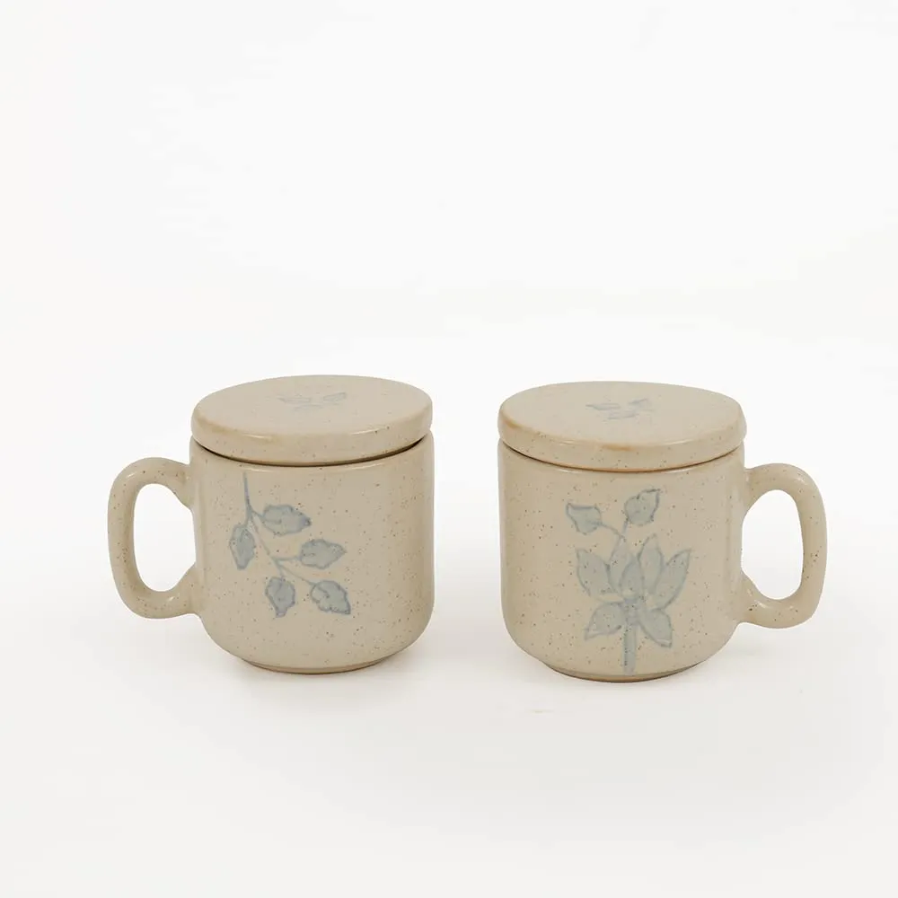 Ellementry Fiore Ceramic Mug Set of 2 (120 ML) | Mugs for Coffee, Tea and Milk | Microwave Safe Cup Set | Cofee Mug with Lid for Office, Home and Travel | Chip Resistant | Birthday Gift