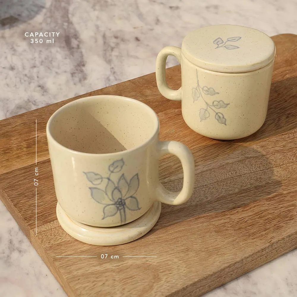 Ellementry Fiore Ceramic Mug Set of 2 (120 ML) | Mugs for Coffee, Tea and Milk | Microwave Safe Cup Set | Cofee Mug with Lid for Office, Home and Travel | Chip Resistant | Birthday Gift