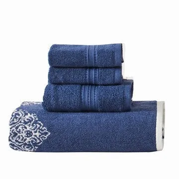 Eula Modern 6 Piece Cotton Towel Set, Stylish Damask Pattern, Deep Blue By Casagear Home