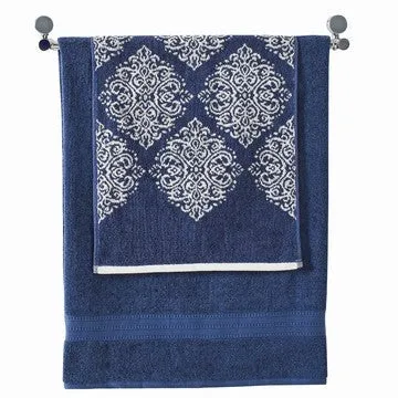 Eula Modern 6 Piece Cotton Towel Set, Stylish Damask Pattern, Deep Blue By Casagear Home