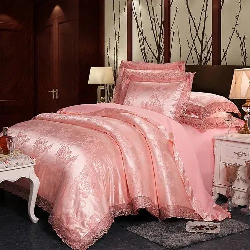 FLYTONN-4 Pieces Silver Brown Luxury Satin Cotton Lace Bedding sets Double Queen King size bedding duvet cover bed sheet set Pillowcases