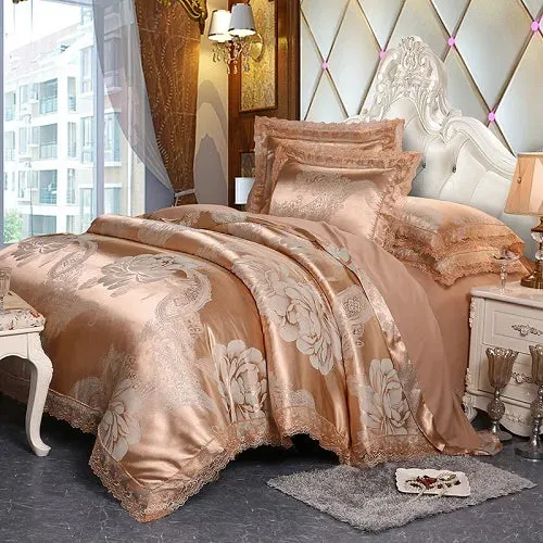 FLYTONN-4 Pieces Silver Brown Luxury Satin Cotton Lace Bedding sets Double Queen King size bedding duvet cover bed sheet set Pillowcases