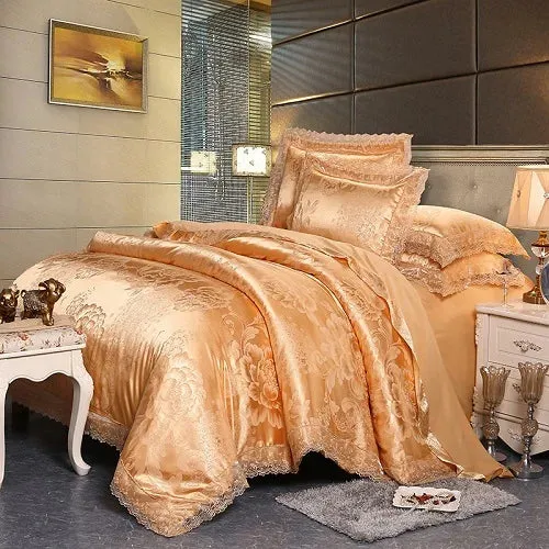 FLYTONN-4 Pieces Silver Brown Luxury Satin Cotton Lace Bedding sets Double Queen King size bedding duvet cover bed sheet set Pillowcases