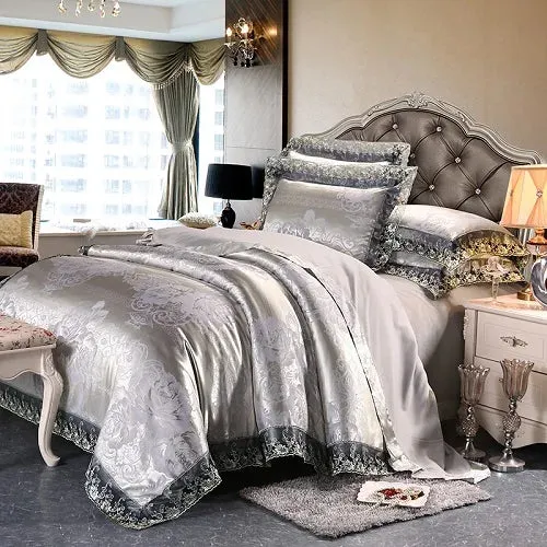 FLYTONN-4 Pieces Silver Brown Luxury Satin Cotton Lace Bedding sets Double Queen King size bedding duvet cover bed sheet set Pillowcases