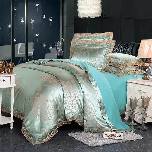 FLYTONN-4 Pieces Silver Brown Luxury Satin Cotton Lace Bedding sets Double Queen King size bedding duvet cover bed sheet set Pillowcases