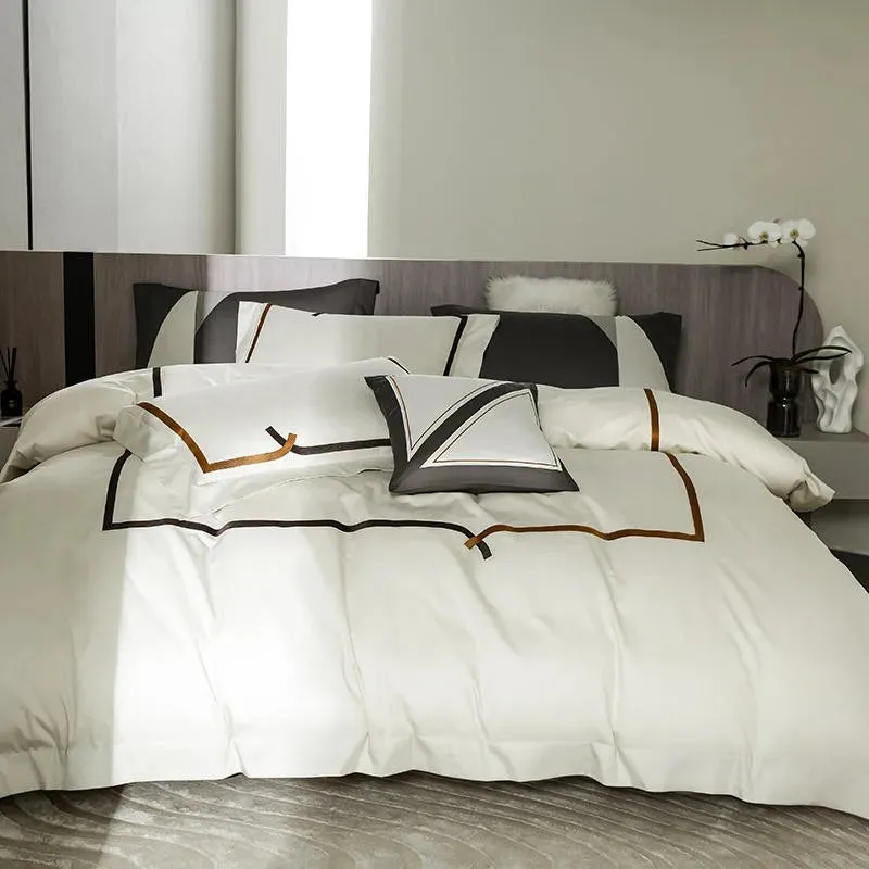 FLYTONN-Chic Design Coffee Embroidery Simplicity Duvet Cover Set 1000TC Egyptian Cotton Premium White Bedding set Bed Sheet Pillowcases