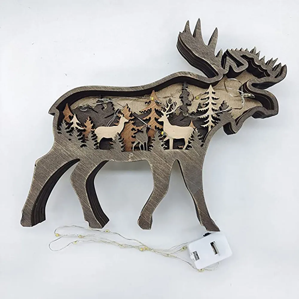 Forest Animal Wooden Tabletop Ornament with LED Light for Home Decoration