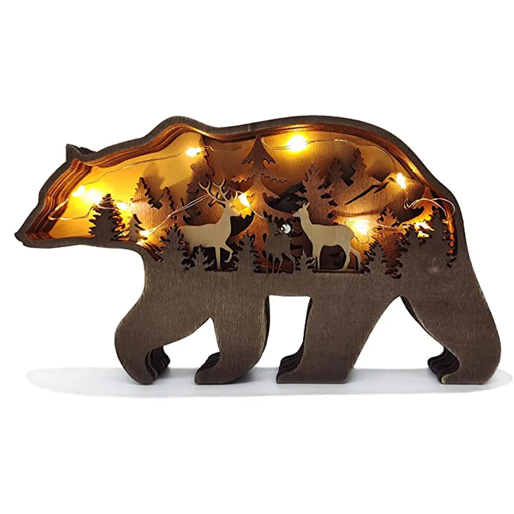 Forest Animal Wooden Tabletop Ornament with LED Light for Home Decoration