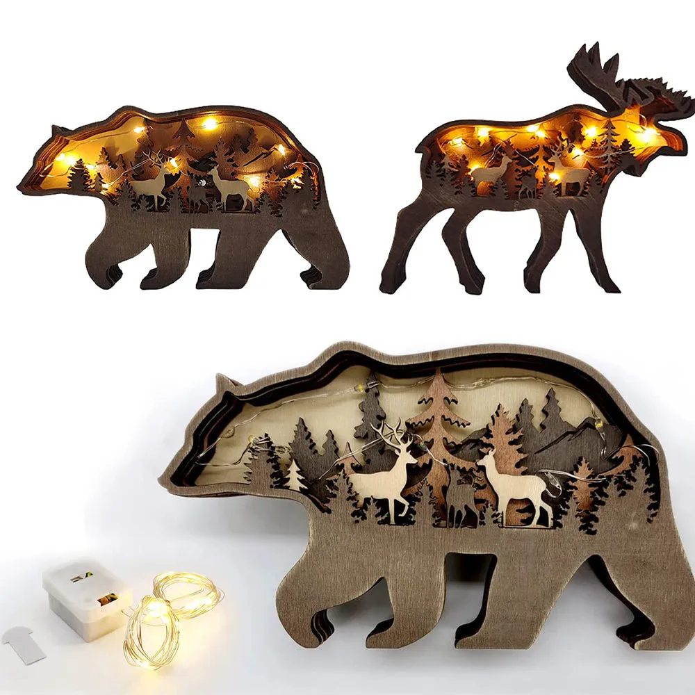 Forest Animal Wooden Tabletop Ornament with LED Light for Home Decoration