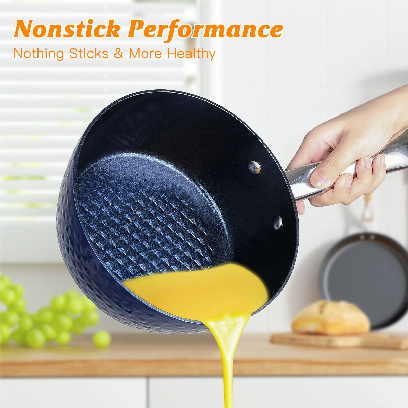 Frying Pan Sets Non-Stick 3 Pieces Blue 3D Diamond Cookware