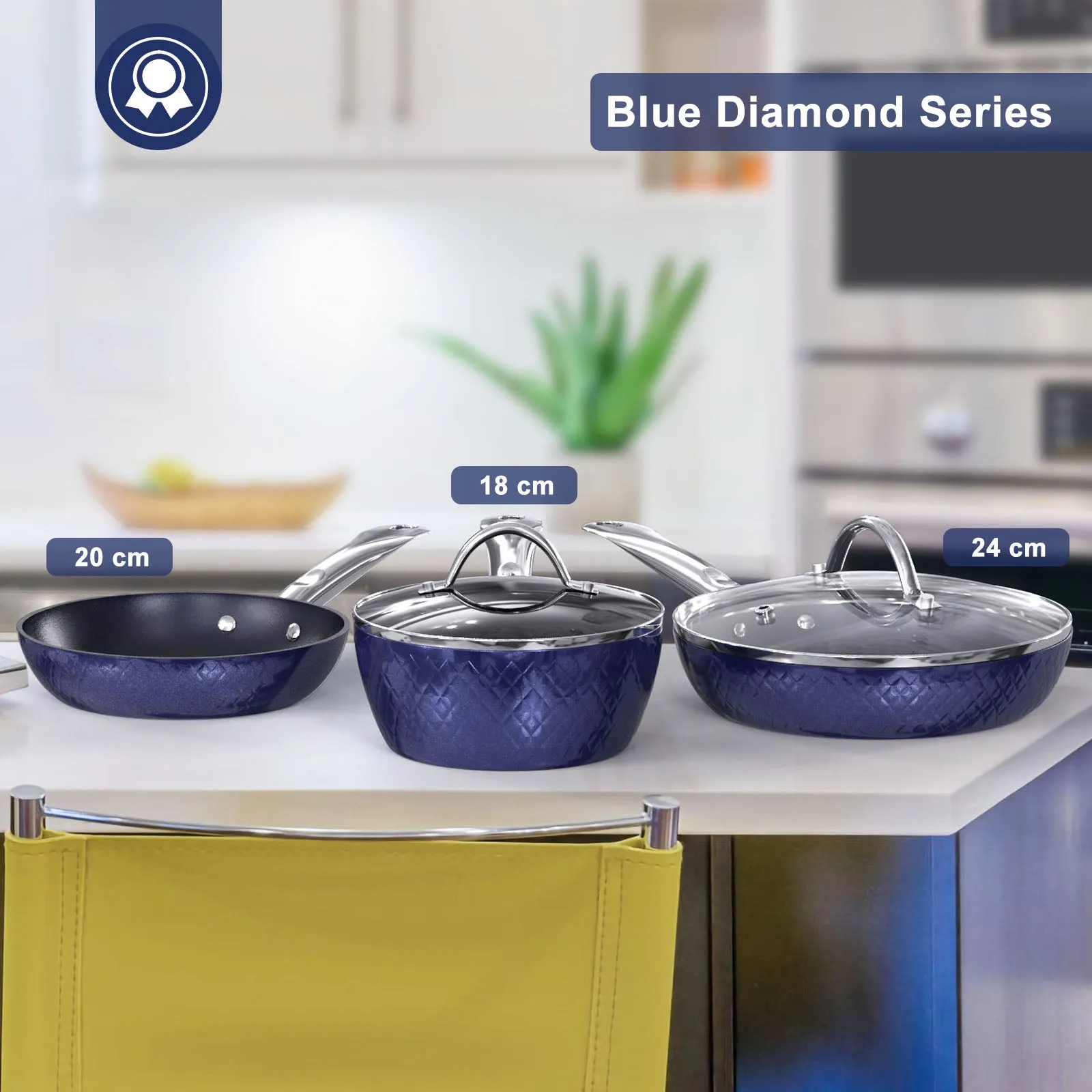 Frying Pan Sets Non-Stick 3 Pieces Blue 3D Diamond Cookware