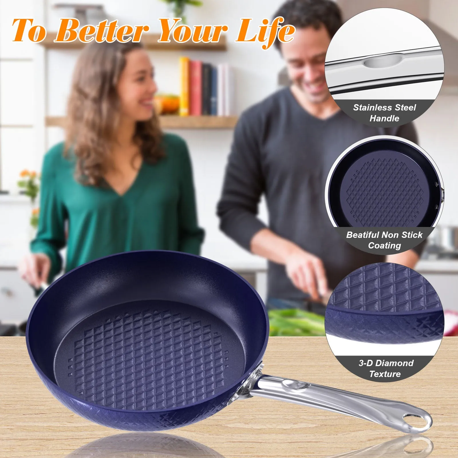 Frying Pan Sets Non-Stick 3 Pieces Blue 3D Diamond Cookware