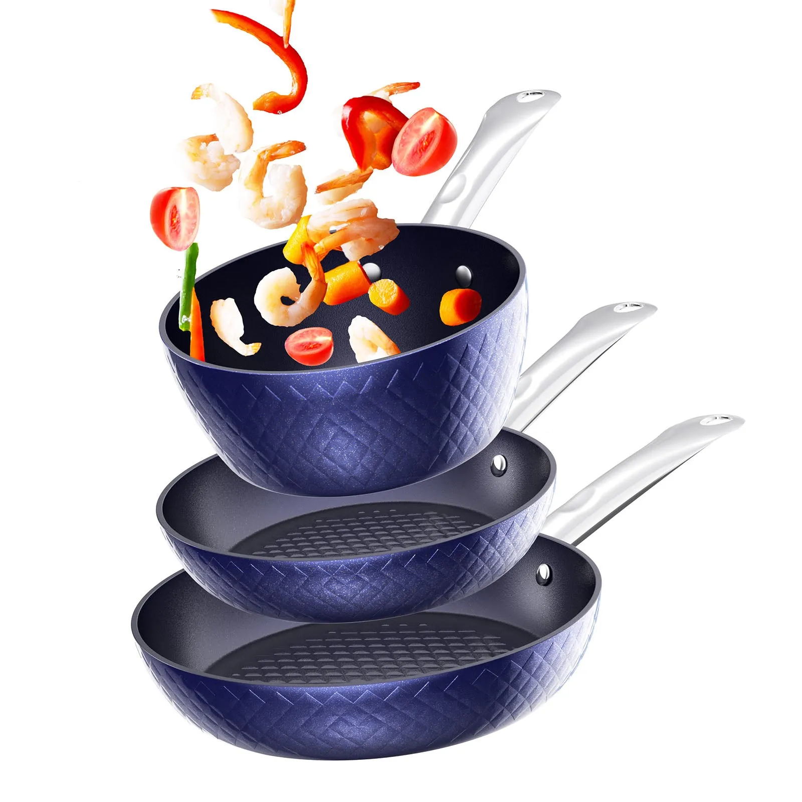 Frying Pan Sets Non-Stick 3 Pieces Blue 3D Diamond Cookware