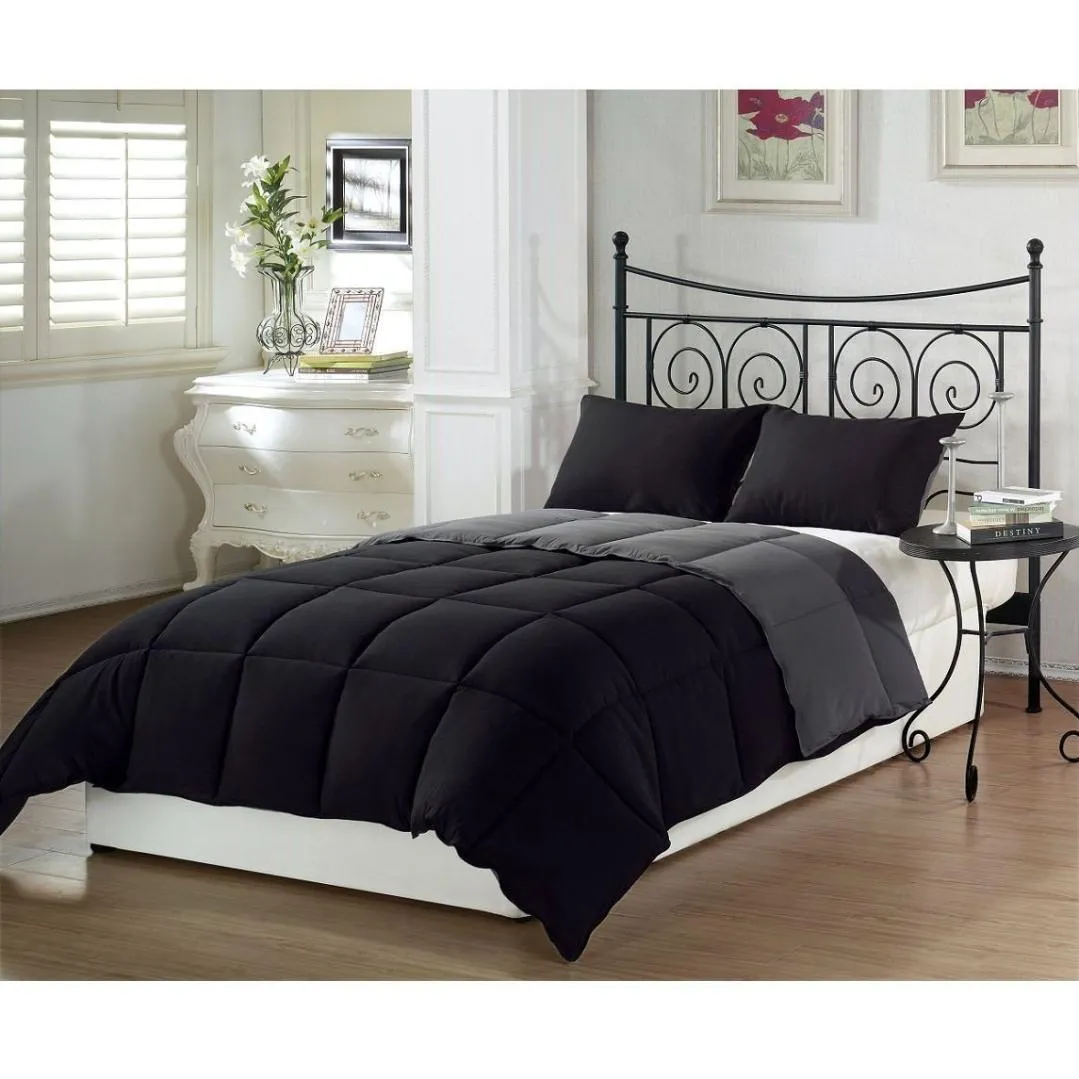 Full-Queen 3-Piece Black Grey Down Alternative Reversible Comforter Set