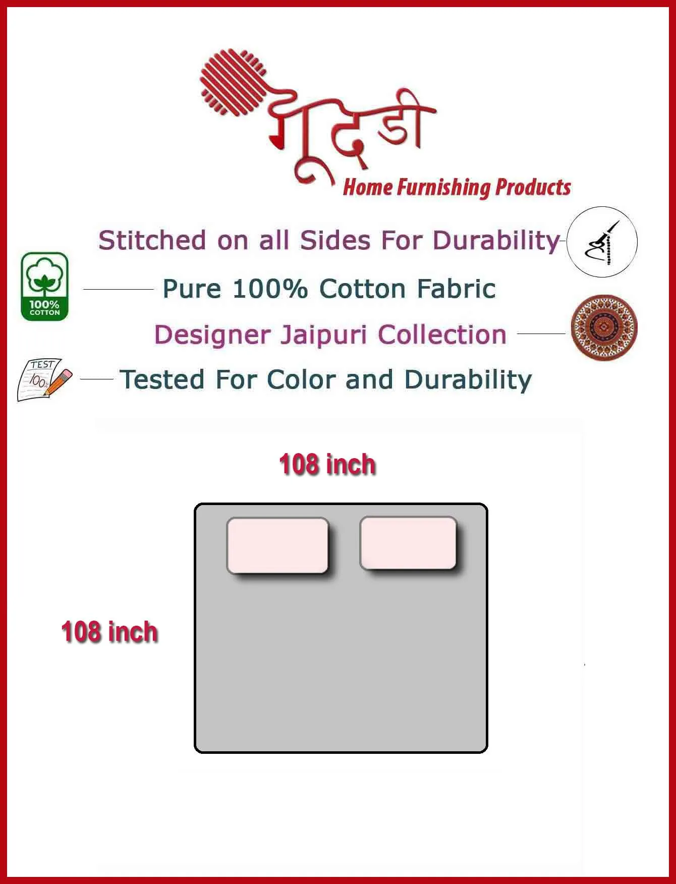 Goodadi 100% Cotton 280TC Super King Size Cotton Bedsheet for Double Bed, |1 Cotton Bed Sheet Double Bed (108"x108" inch) & 2 Pillow Covers |Bedsheet for Double Bed Super King Size (Red)