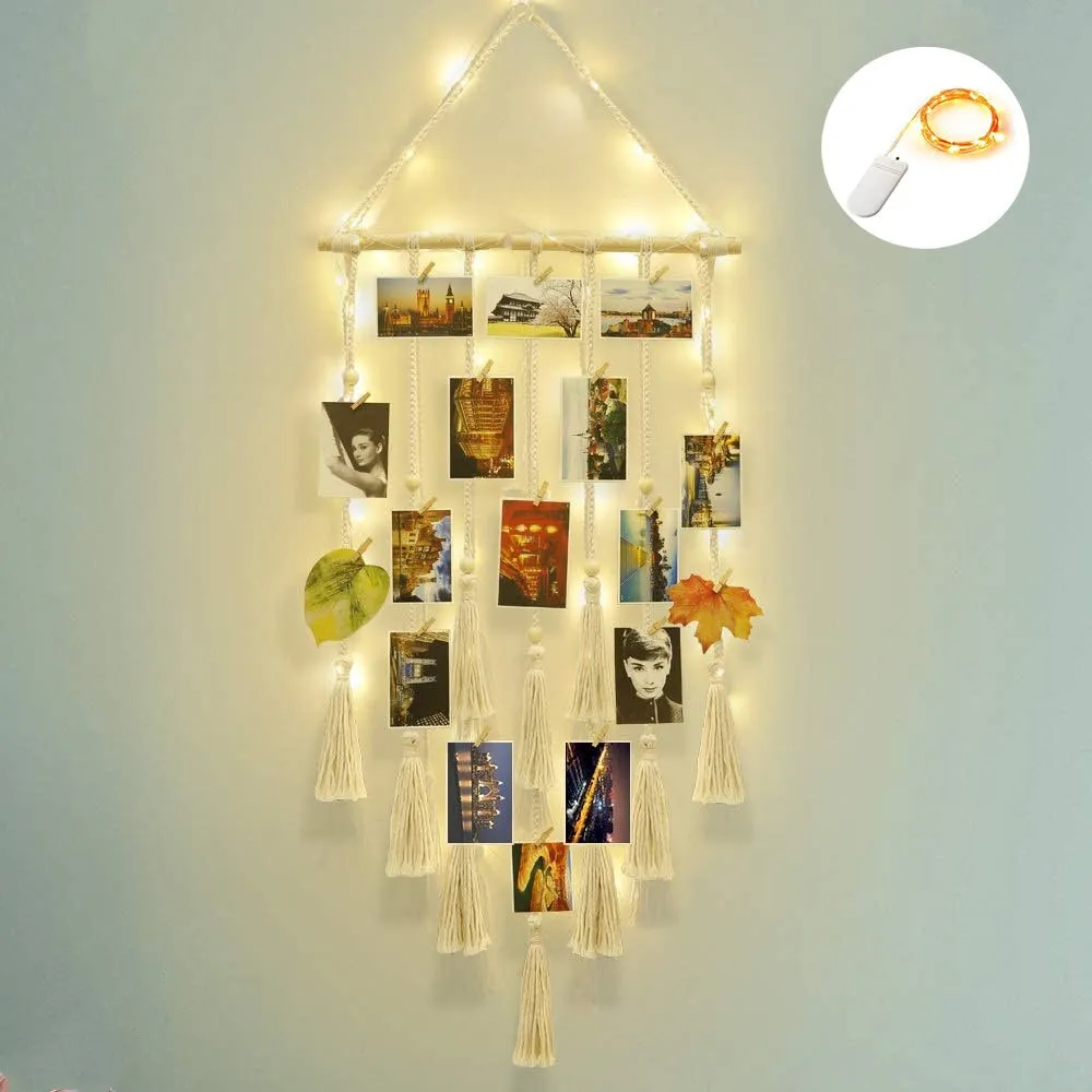 Hanging Photo Display Macramé with Light Wall Décor - Battery Powered