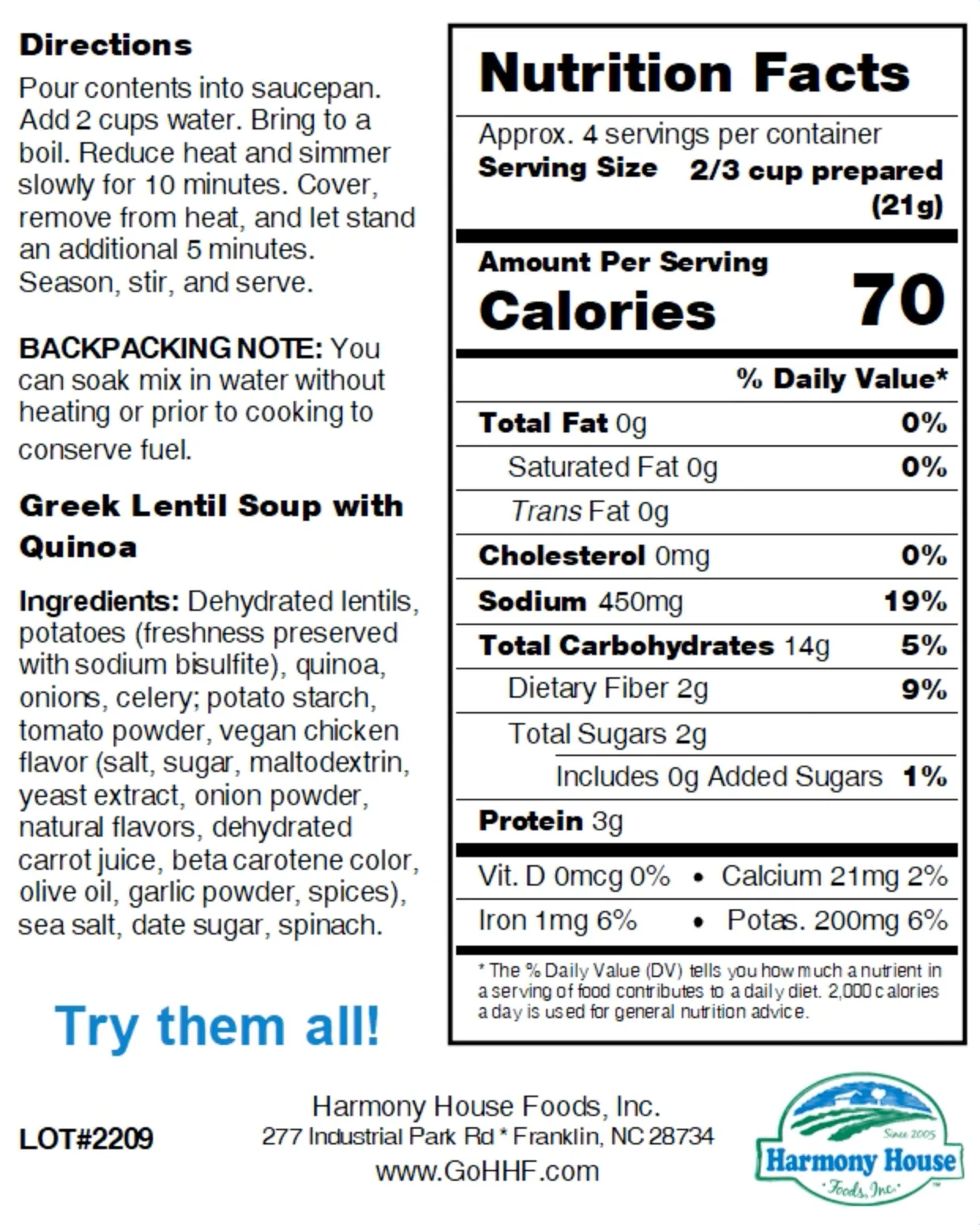 Harmony House Greek Lentil Soup with Quinoa (3 oz)