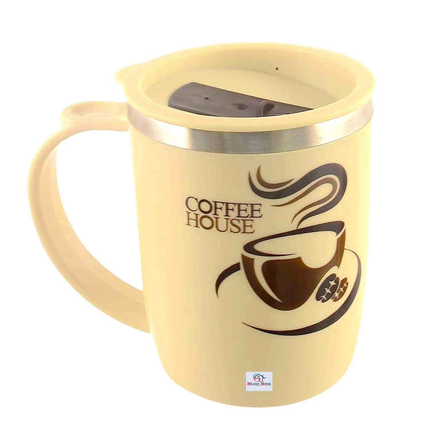 Heart Home Insulated BPA Free Plastic Coffee Mug with Lid, Pack of 2 (Cream & Coffee)