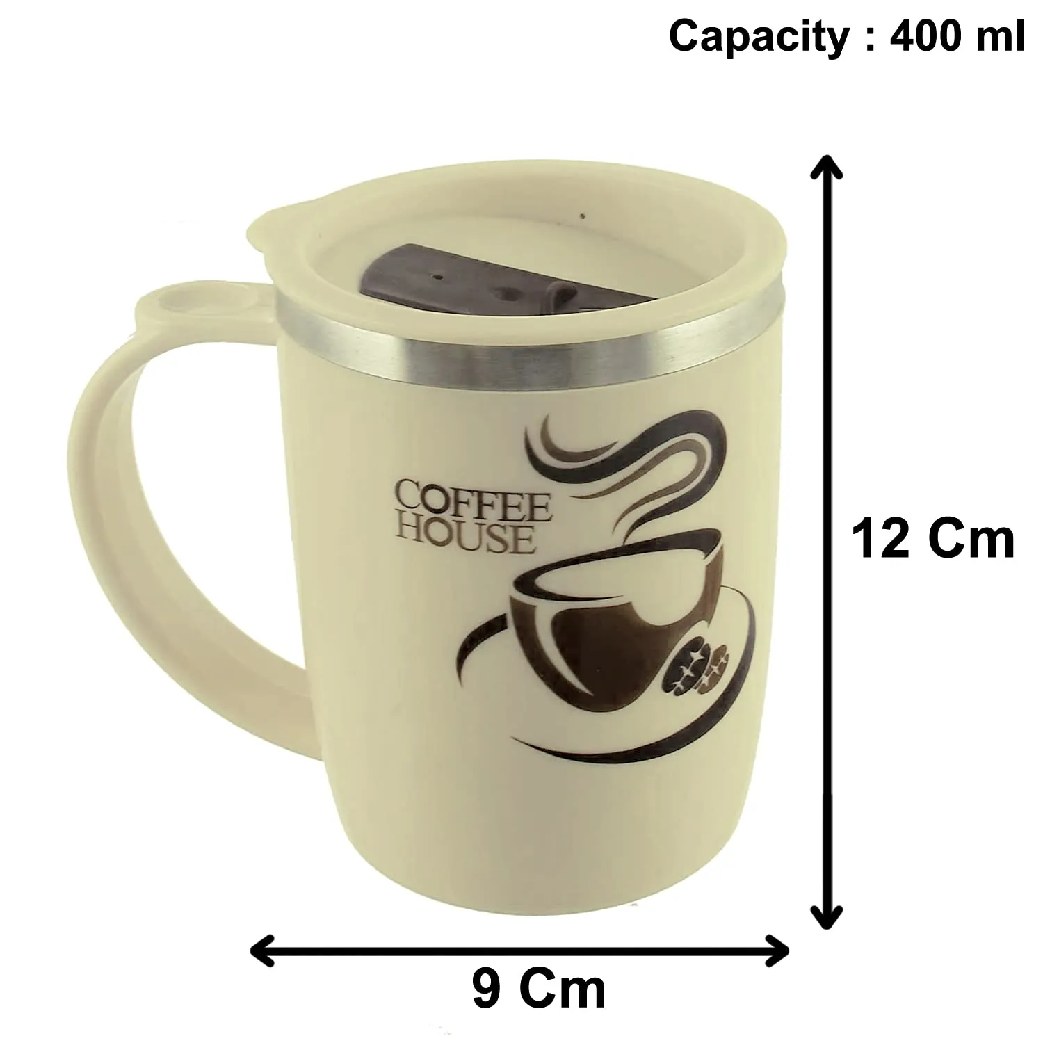 Heart Home Insulated BPA Free Plastic Coffee Mug with Lid, Pack of 2 (Cream & Coffee)