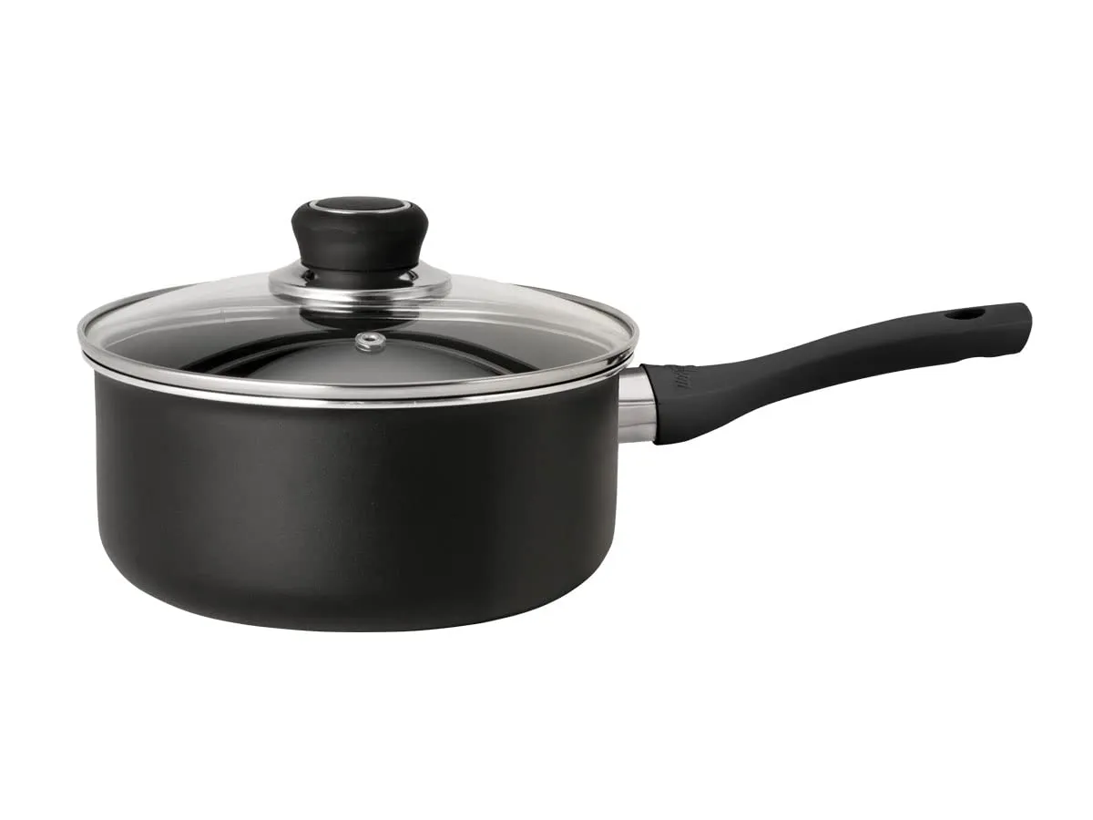 HUDSON Sauce Pan Aluminium with black non-Stick with Glass lind, 7 in, 2.2 Qt, Dishwasher Safe, Black