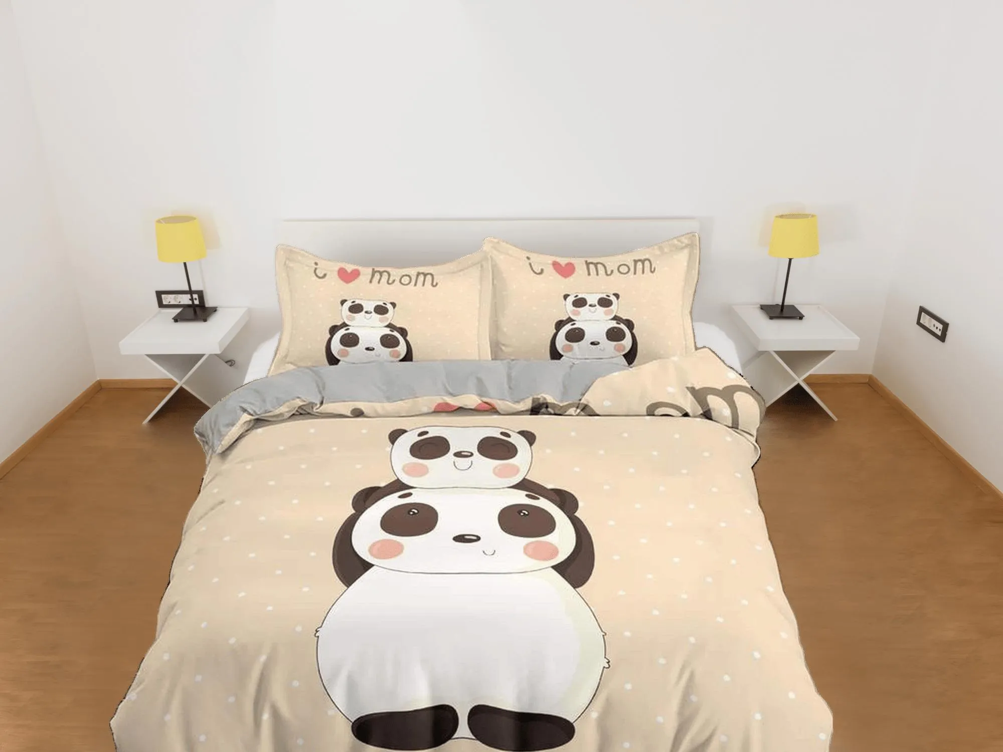 I love mom panda beige duvet cover set, bedding set full, king, queen, dorm bedding, toddler bedding, aesthetic bedspread, panda lovers gift