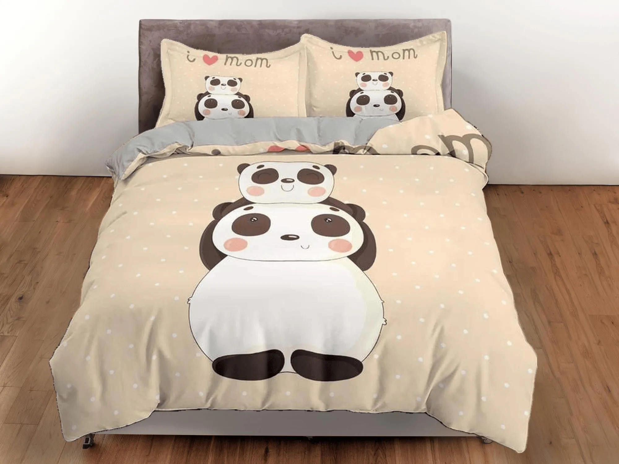 I love mom panda beige duvet cover set, bedding set full, king, queen, dorm bedding, toddler bedding, aesthetic bedspread, panda lovers gift