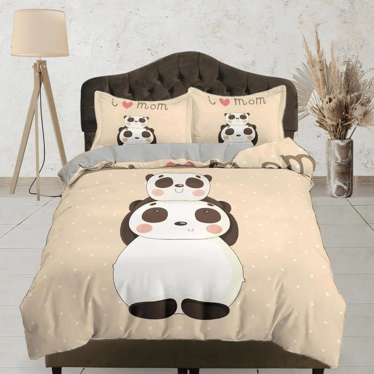 I love mom panda beige duvet cover set, bedding set full, king, queen, dorm bedding, toddler bedding, aesthetic bedspread, panda lovers gift