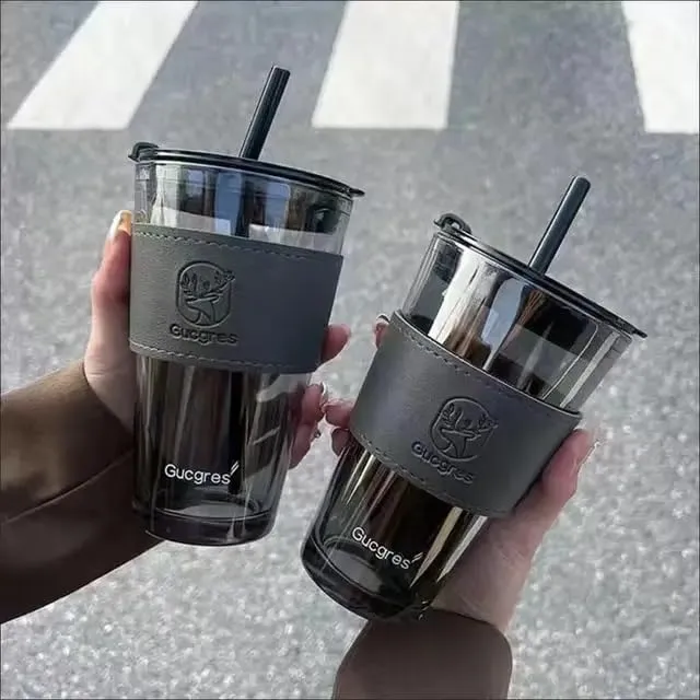 KELVEE Glass Coffee Sipper Mug with Leather Grip Pack of 1, 400ml Clear Drinking Glasses Tumblers with Straws and Lids for Iced Tea, Juice, Cocktail, Smoothies Drinks Cups (Grey)