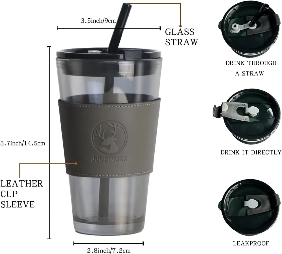 KELVEE Glass Coffee Sipper Mug with Leather Grip Pack of 1, 400ml Clear Drinking Glasses Tumblers with Straws and Lids for Iced Tea, Juice, Cocktail, Smoothies Drinks Cups (Grey)