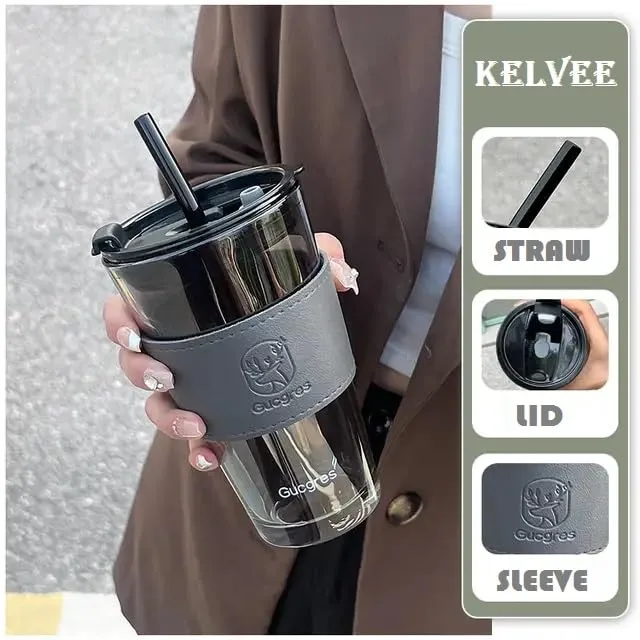 KELVEE Glass Coffee Sipper Mug with Leather Grip Pack of 1, 400ml Clear Drinking Glasses Tumblers with Straws and Lids for Iced Tea, Juice, Cocktail, Smoothies Drinks Cups (Grey)