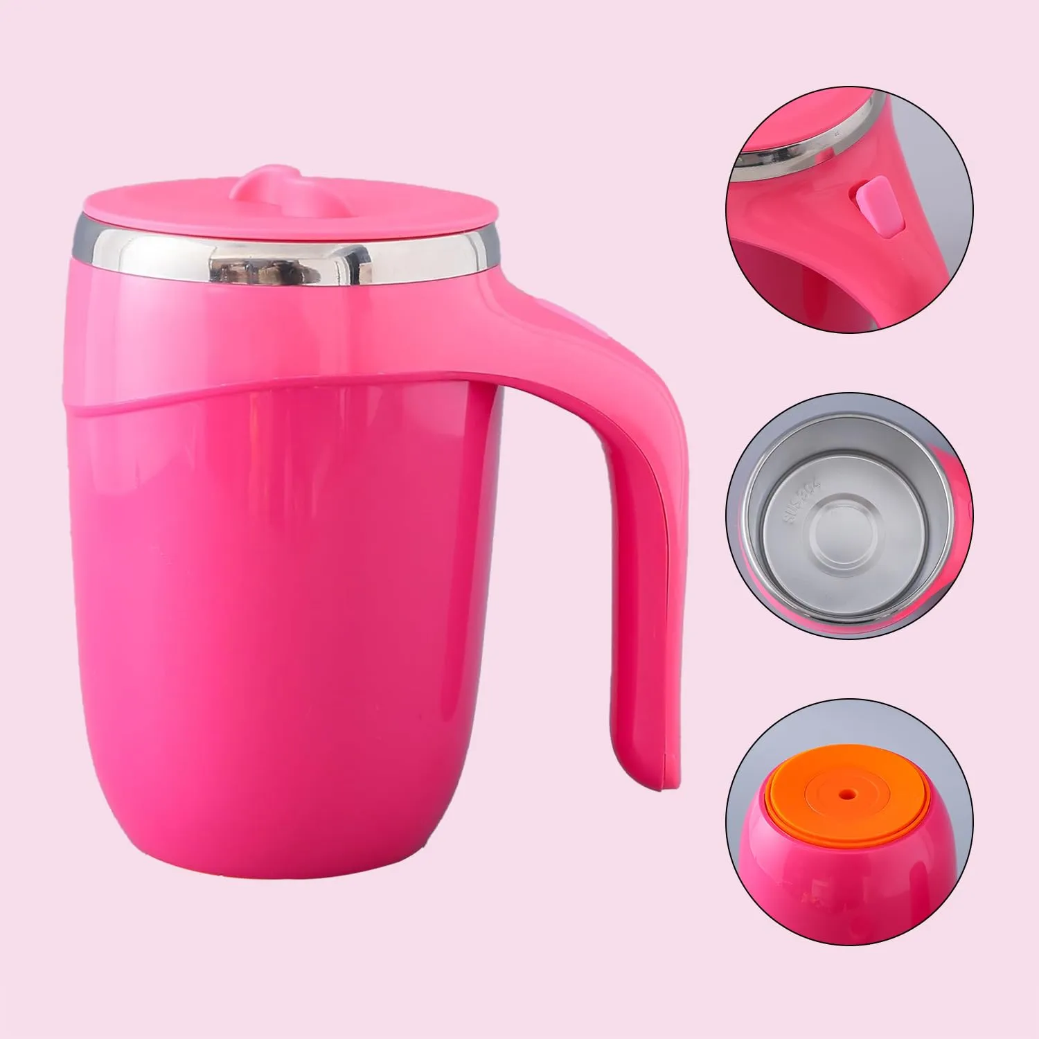 Kuber Industries Pack of 3 Anti-Fall Insulated Coffee Mug with Suction Bottom | Leak-Proof Stainless Steel Tumbler | Coffee Mug with Lid and Handle | 500 ML | Pink