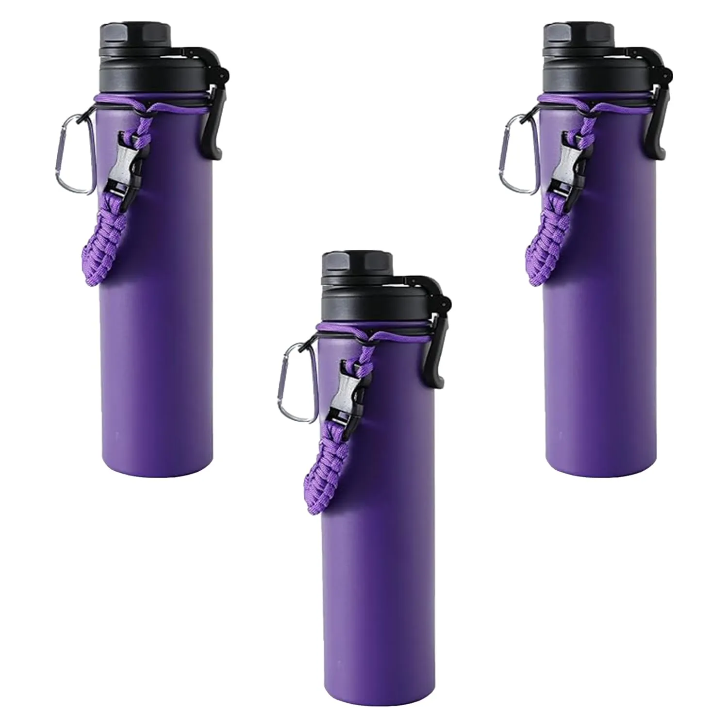 Kuber Industries Water Bottle | Steel Water Bottle for Daily Use | Vacuum Insulated Flask Water Bottle with Rope | Hot & Cold Water Bottle | 720 ML | LX-230602 | Pack of 3 | Purple