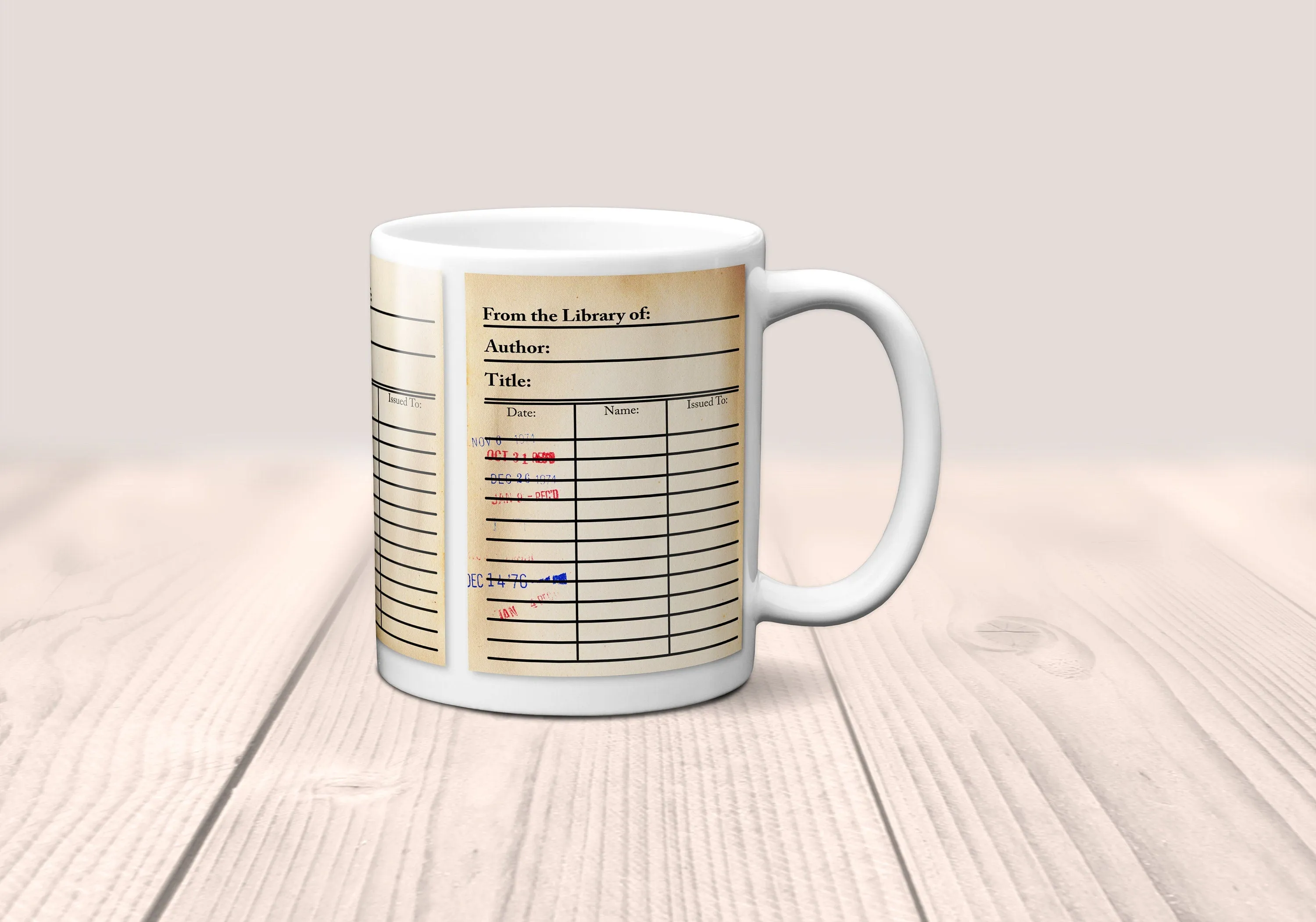 Library Card Mug. Coffee Mug with Library Card with Day Due Stamps, Bookish Gift, Literary Mug, Librarian Gift, Bibliophile Gift, Bookworm