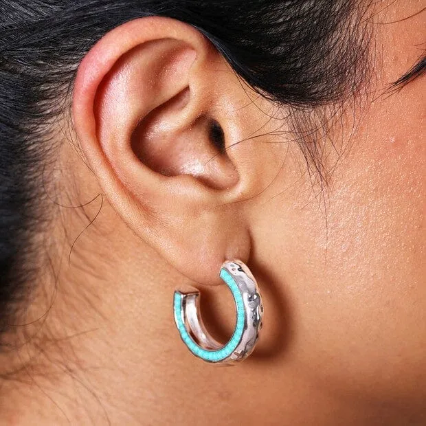 Lisa Angel Teal Stone Hammered Hoop Earrings