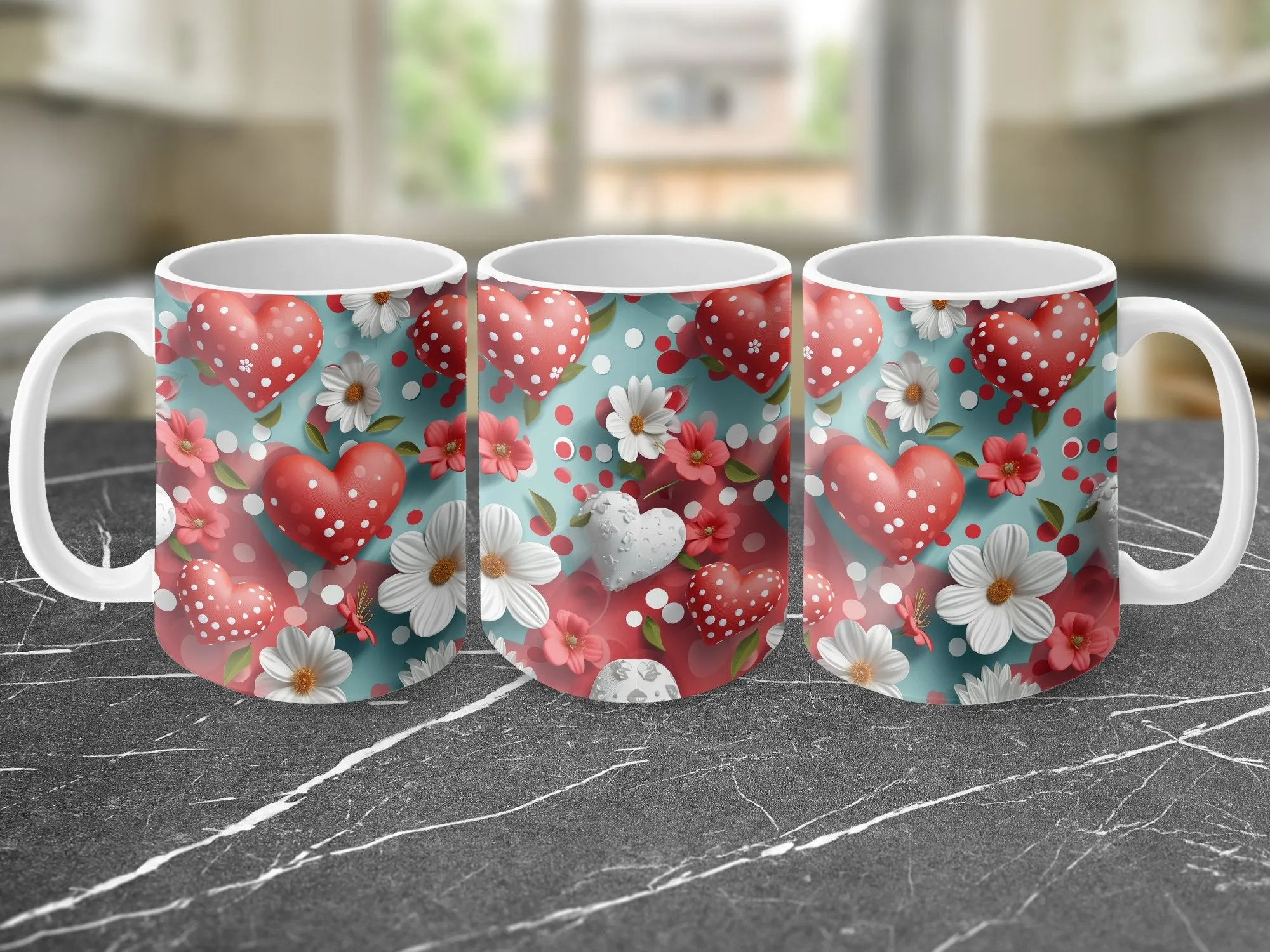 Love Hearts and Daisy Flowers Mug, Valentine's Day Gift, Romantic Coffee Cup, Floral Tea Mug, Red and White, Polka Dots Design