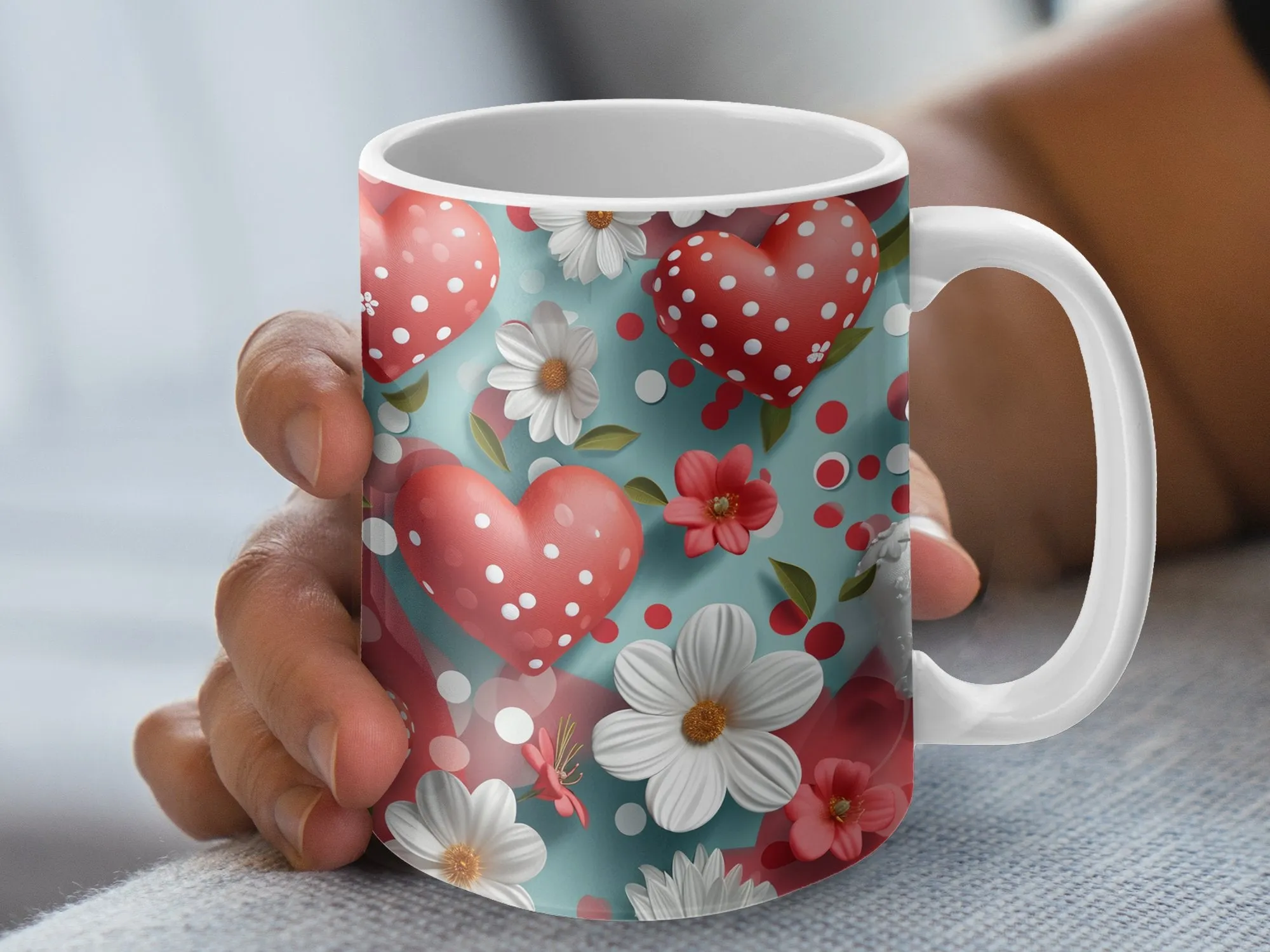 Love Hearts and Daisy Flowers Mug, Valentine's Day Gift, Romantic Coffee Cup, Floral Tea Mug, Red and White, Polka Dots Design