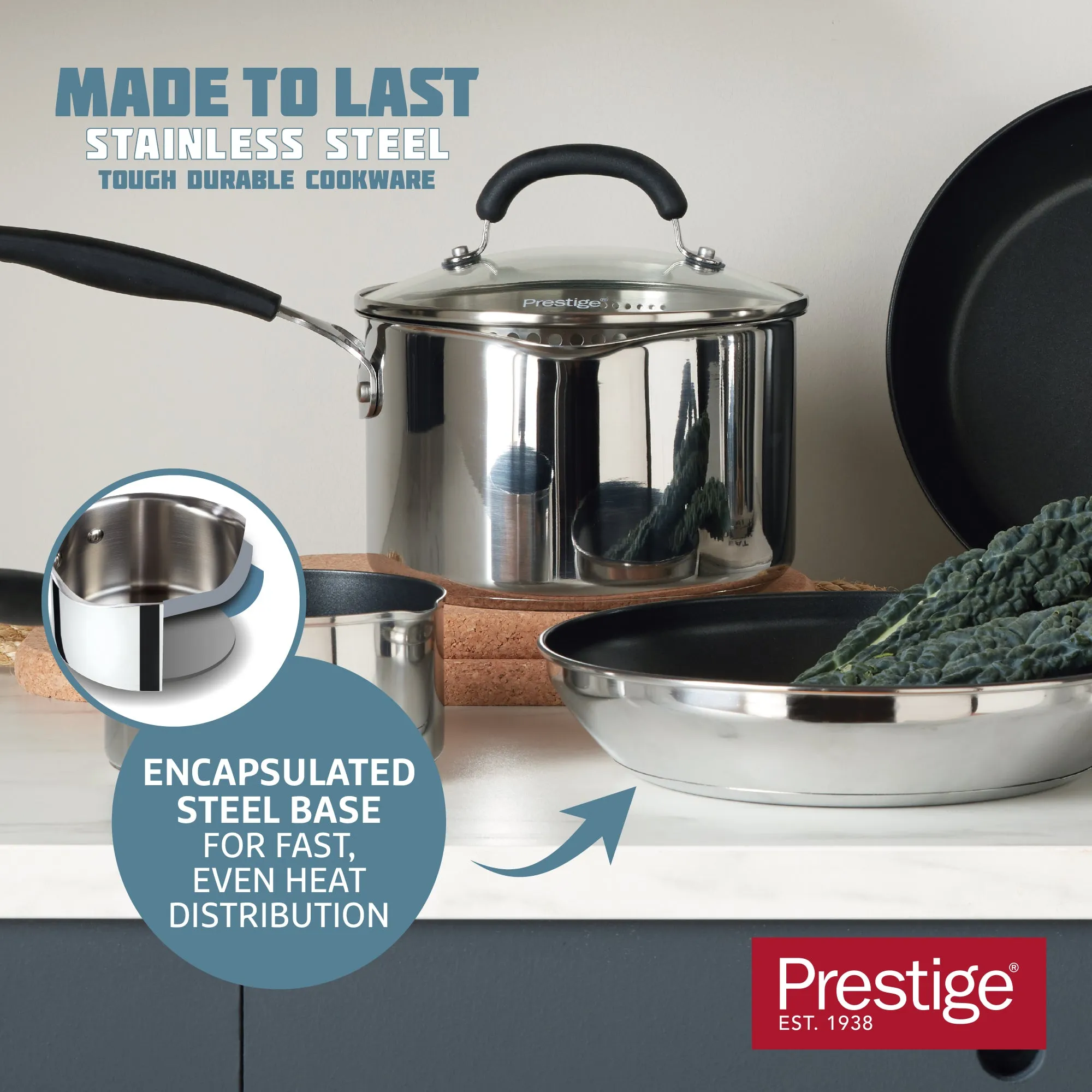 Made to Last: Stainless Steel Frying Pan, Saucepan, Straining Lids & Milk Pan Set - 5 Pieces