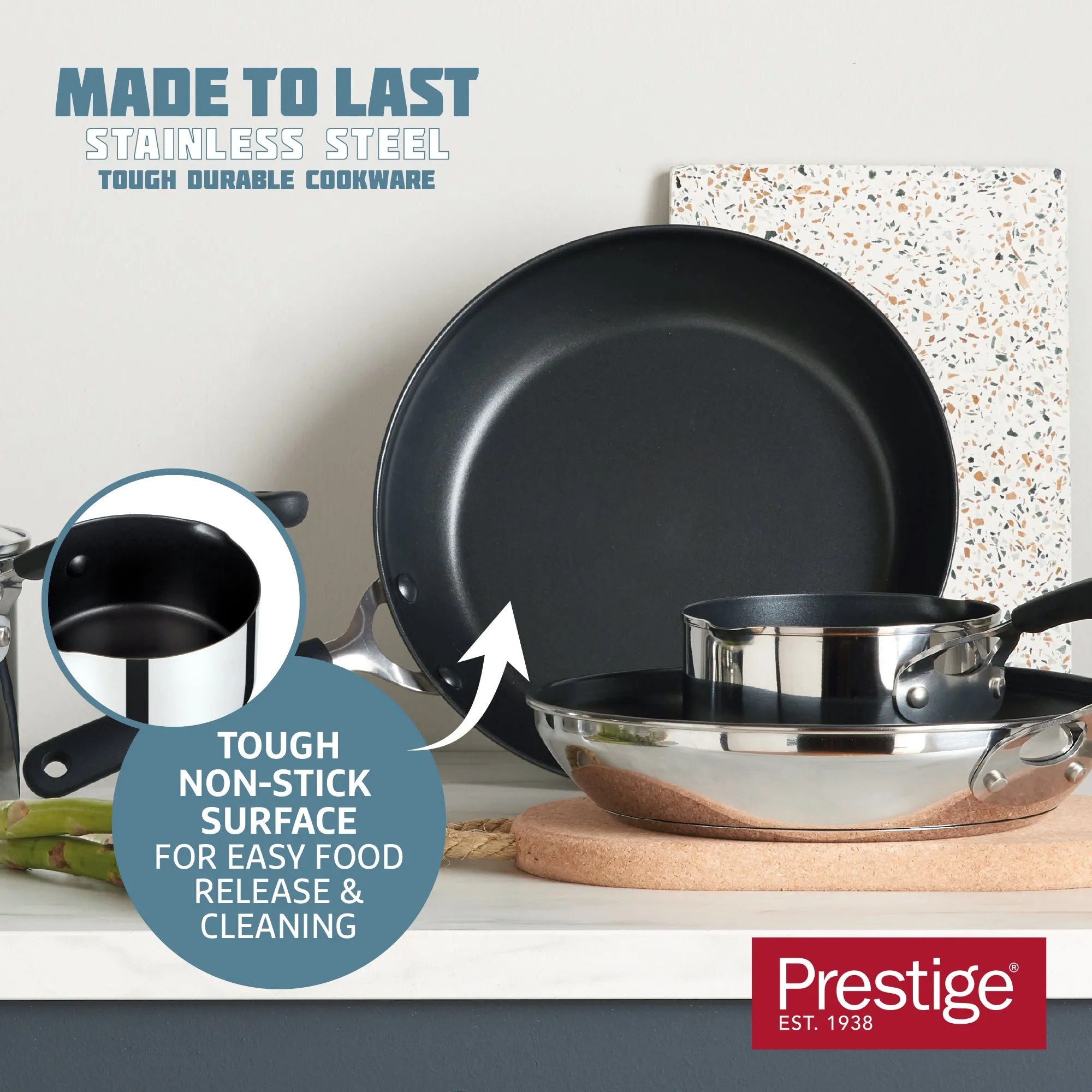 Made to Last: Stainless Steel Frying Pan, Saucepan, Straining Lids & Milk Pan Set - 5 Pieces