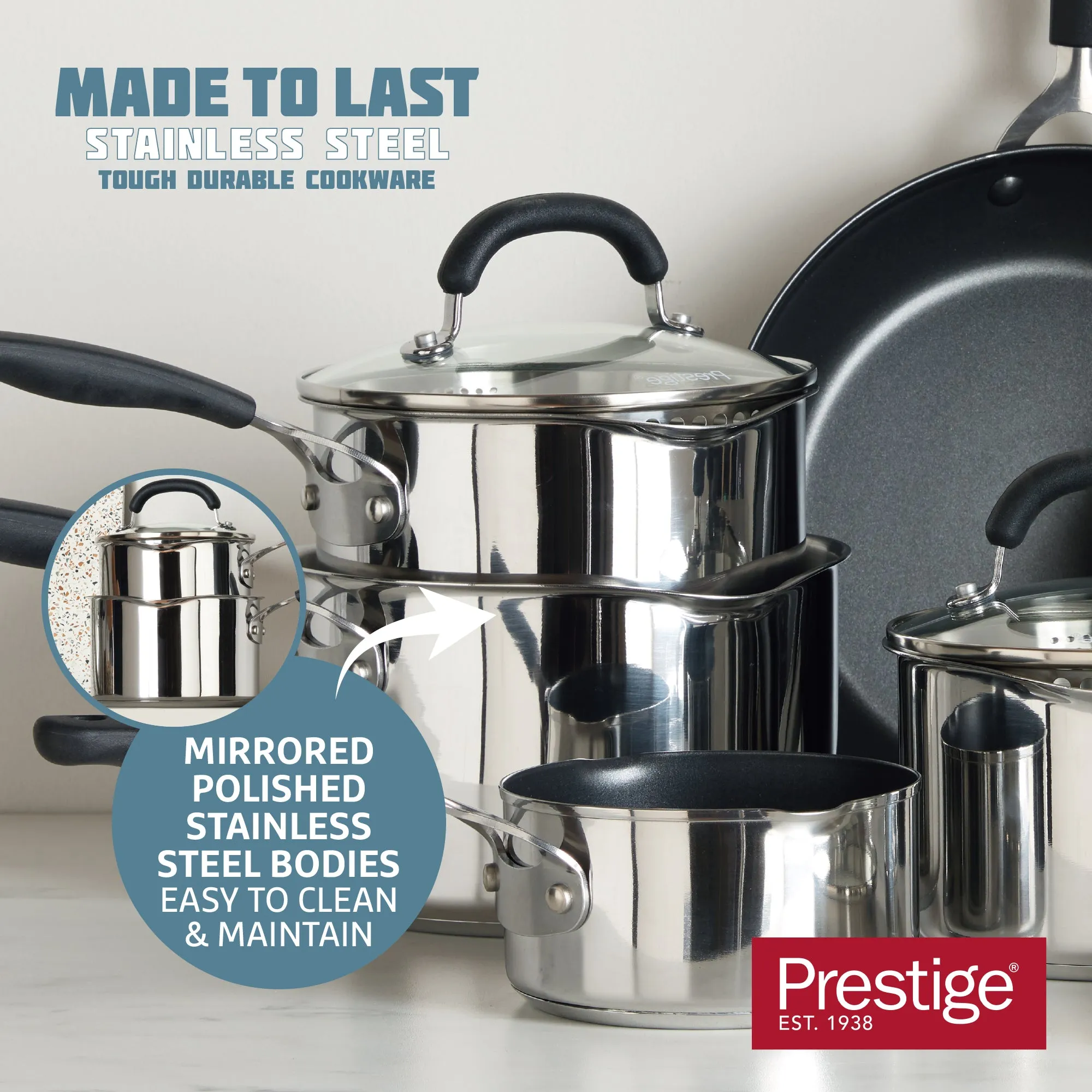 Made to Last: Stainless Steel Frying Pan, Saucepan, Straining Lids & Milk Pan Set - 5 Pieces