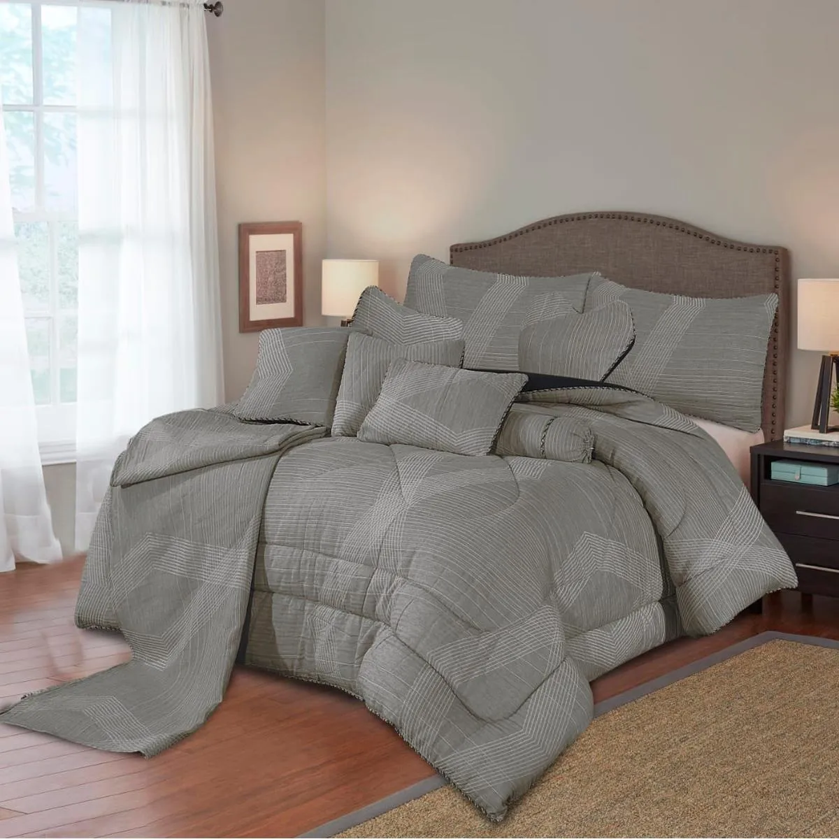 Marisha 14 Pcs Cotton Jacquard Grey Bedding Set with Filled Comforter