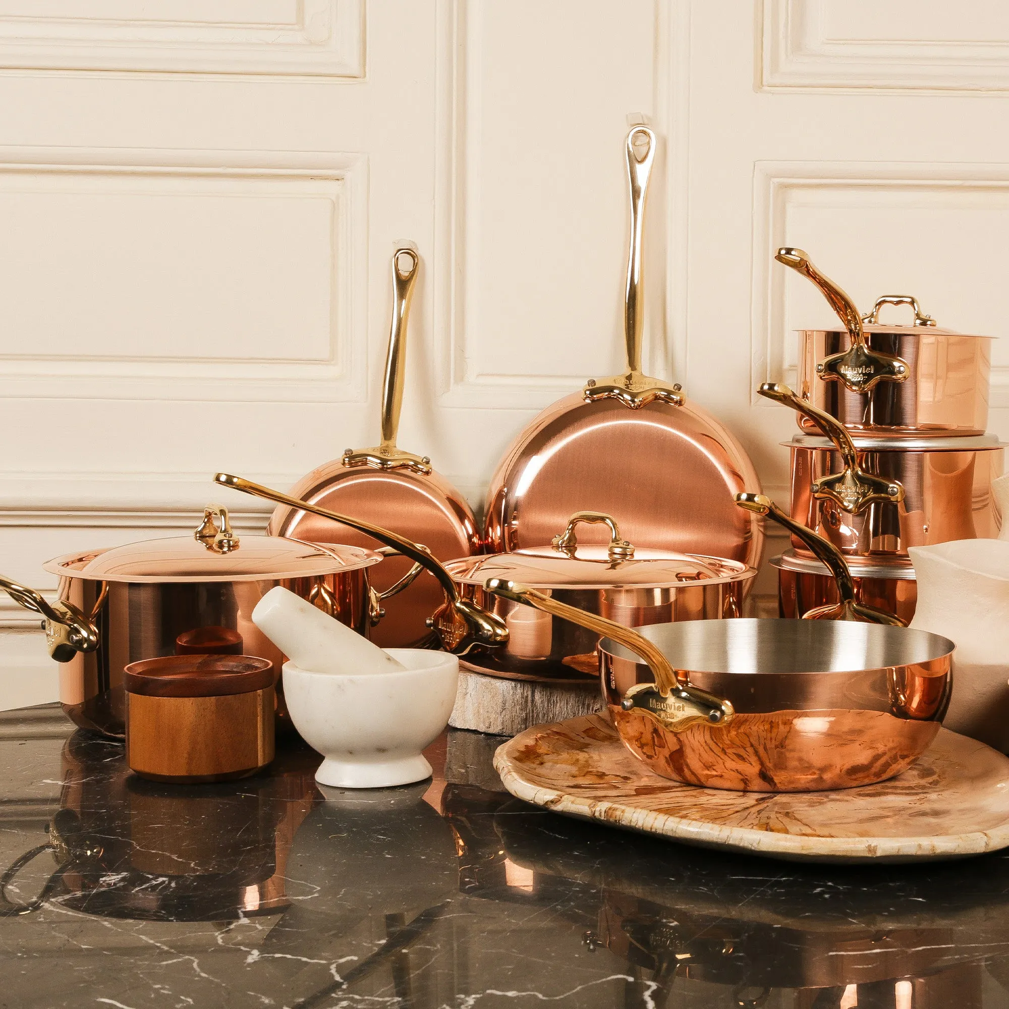 Mauviel M'Heritage 150 B 14-Piece Copper Cookware Set With Brass Handles