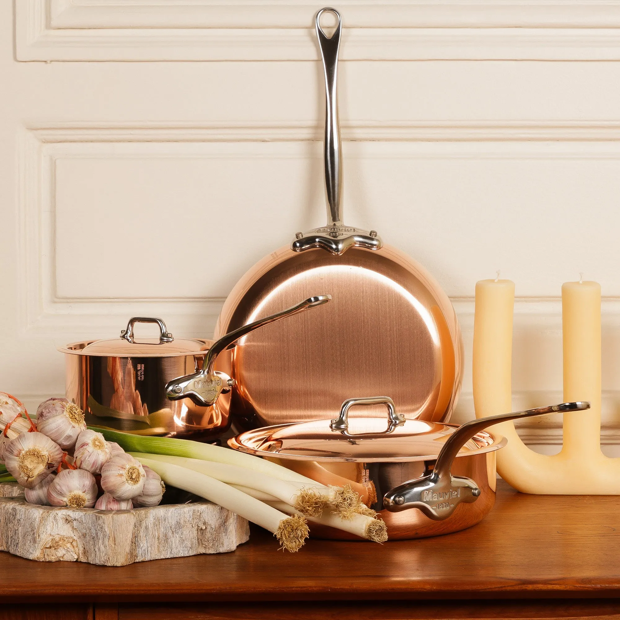 Mauviel M'Heritage 150 S 14-Piece Copper Cookware Set With Cast Stainless Steel Handles And Curved Lid