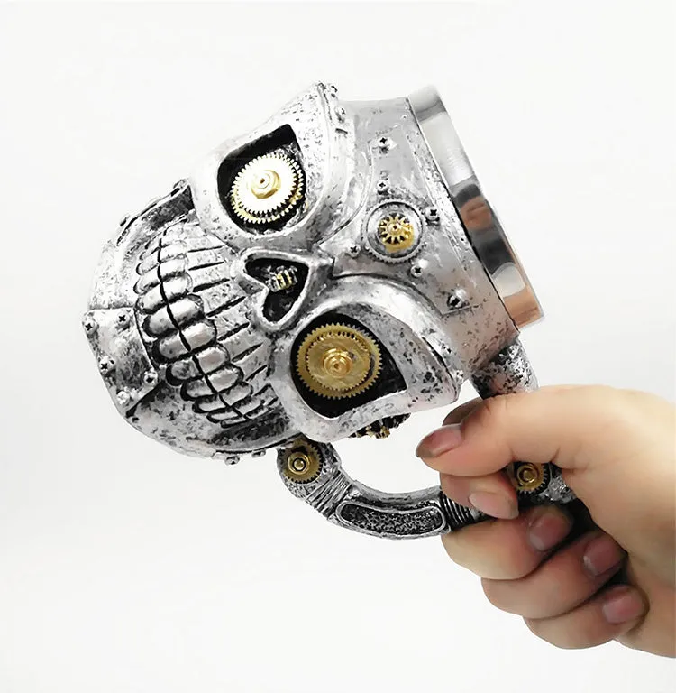 Metal Gothic Steampunk Skull Mug with Cog Eyes