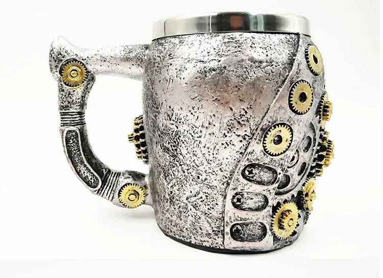 Metal Gothic Steampunk Skull Mug with Cog Eyes