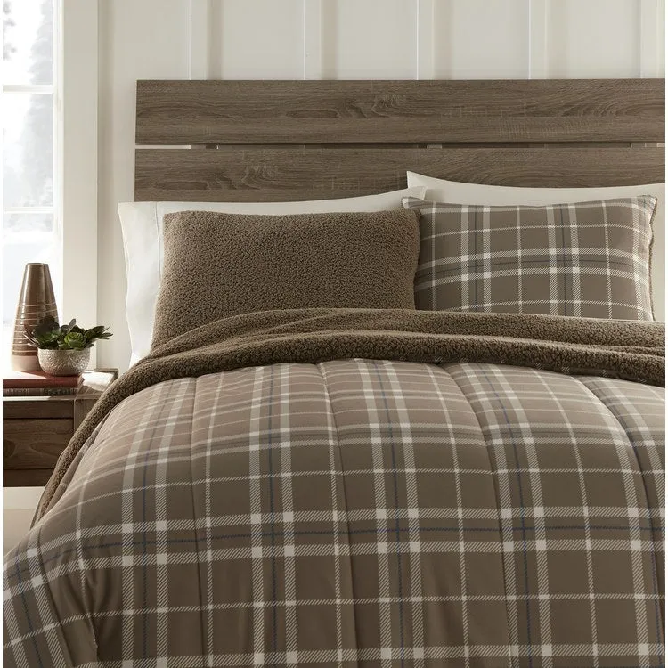 Micro Flannel Reverse to Sherpa Comforter Set - Twin/Carlton Plaid Bark