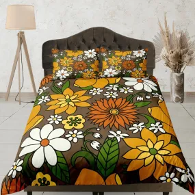 Mid century modern bedding floral duvet cover brown retro chic bedding, vintage style bedding boho maximalist bedspread aesthetic bedding