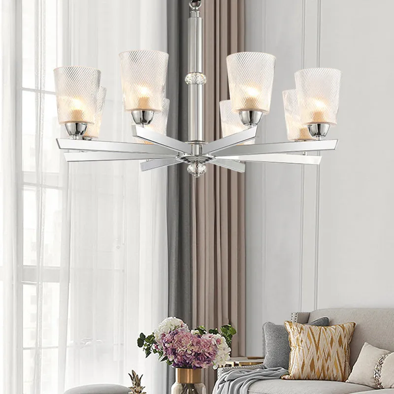 Modern Ribbed Glass 6-Light Chrome Chandelier Pendant - Cup Up Design for Living Room Ceiling Lamp Kit