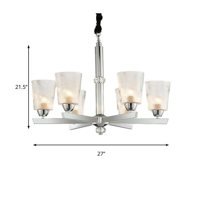 Modern Ribbed Glass 6-Light Chrome Chandelier Pendant - Cup Up Design for Living Room Ceiling Lamp Kit